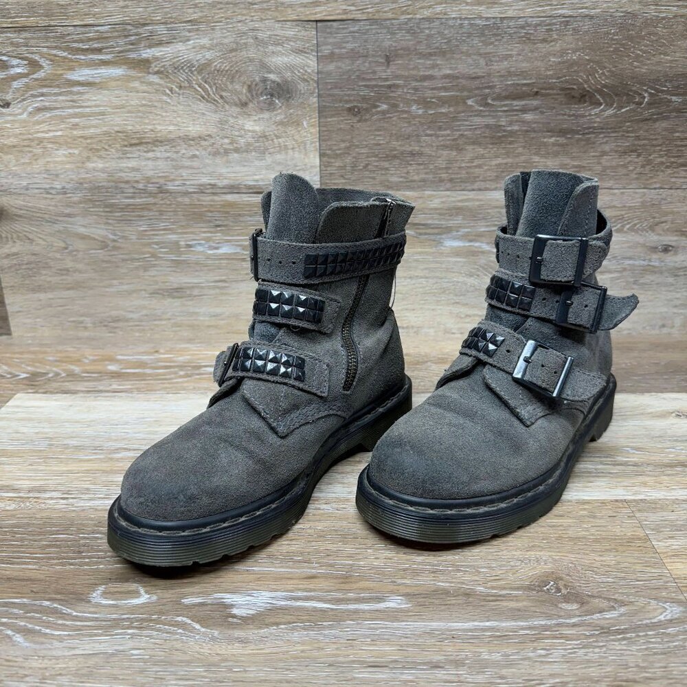 Rare Dr. Martens Hayley Studded Gray Suede strappy buckle boot size 6